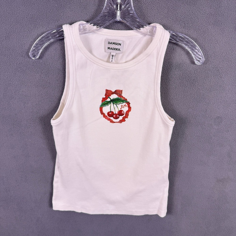 Damson Madder Tank Top Womens 12 White Cherry Embroidered Ribbed Scoop Neck